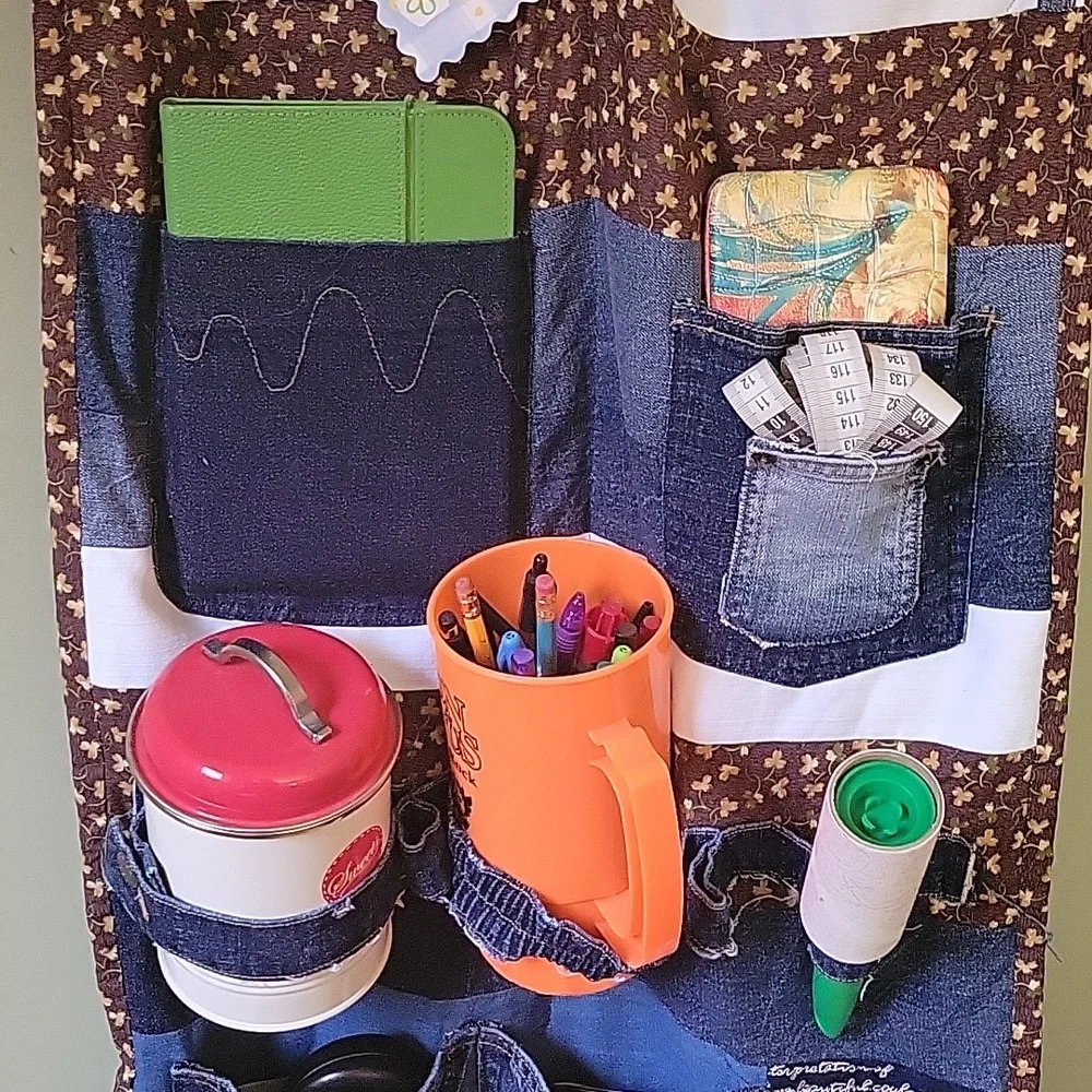 HAND CRAFTED Organizer UPCYCLED Blue Denim Pocket Brown Floral Hanging 29 X20 In